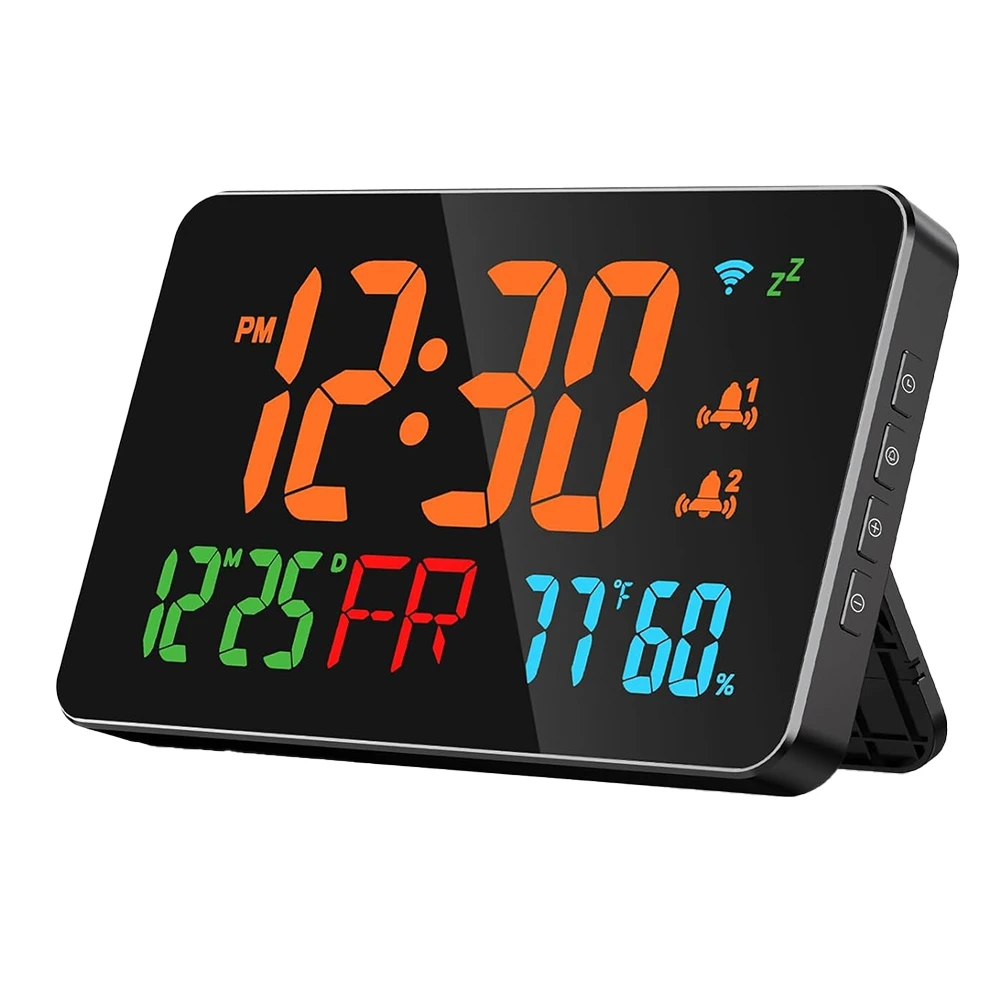 Digital Clock Alarm Clock WiFi Clock, Extra Large Letters, Temperature & Humidity, Calendar, Week,B