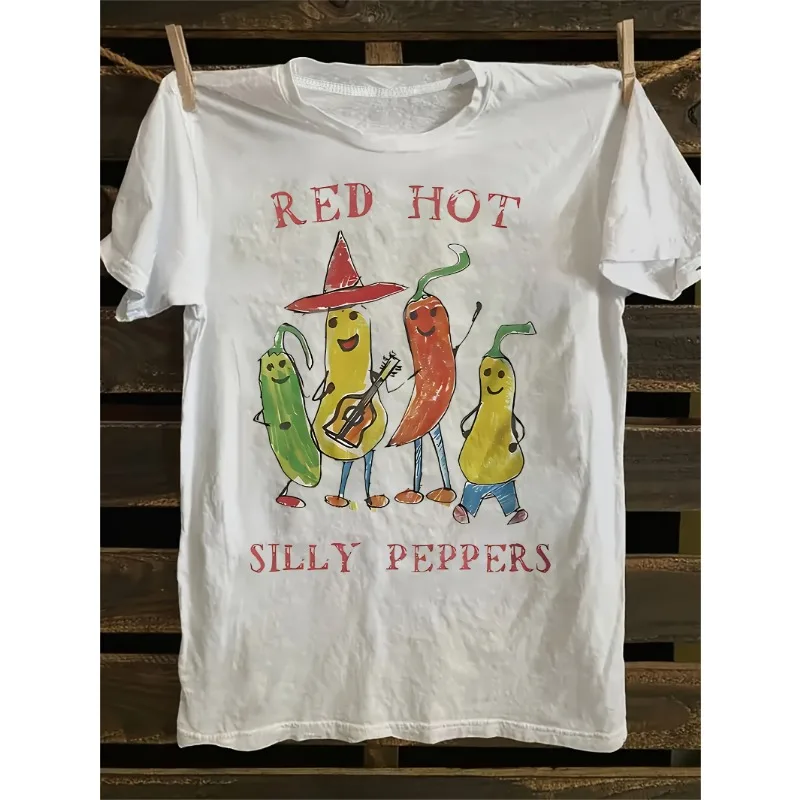 Red Hot Silly Peppers Cartoon Band  Print Round Neck Short Sleeve T-Shirt | Casual Style, All-Season Wear