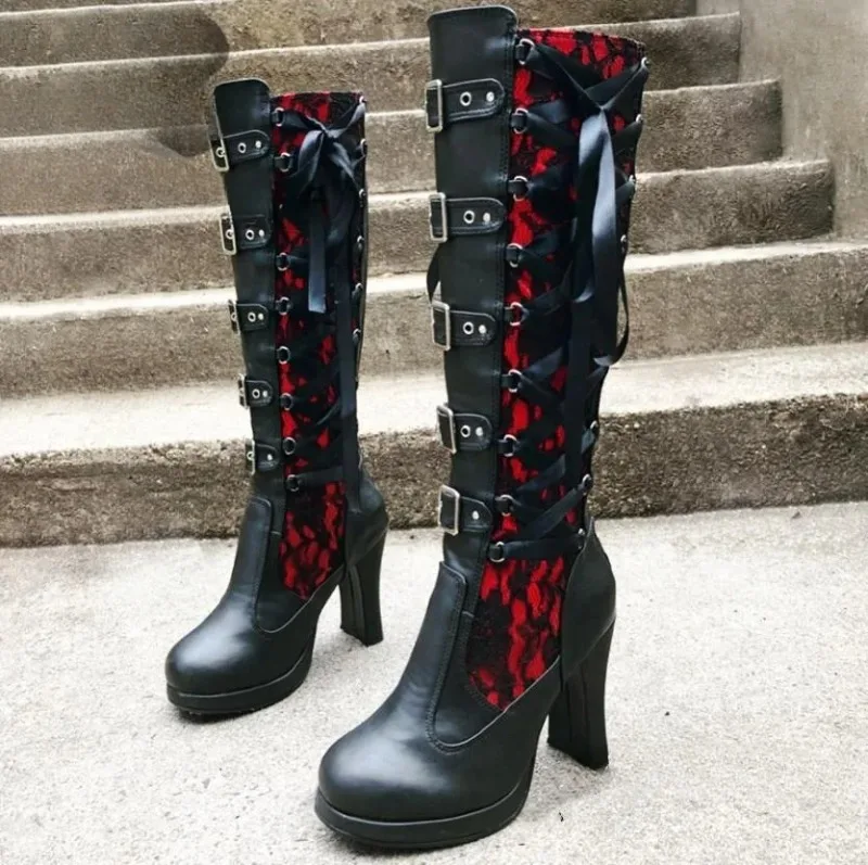 

Women Platform Boots New Spring Lace Up Chunky High Heel Mid Calf Boots for Women Fashion Narrow Band Bow Knot Goth Gothic Shoes