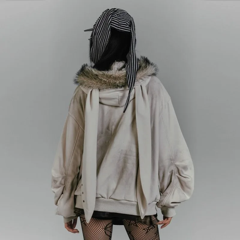 Amerikaanse retro bontkraag konijnenoor sweatshirt met capuchon Y2K bedrukt met dik fluwelen damestop voor herfst en winter