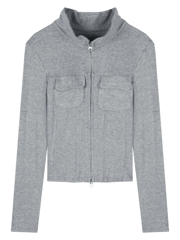 المرأة تي شيرت ربيع الخريف الملابس مضلع محبوك كم طويل بلوزات قصيرة سستة تصميم المحملة مثير الإناث سليم القمم