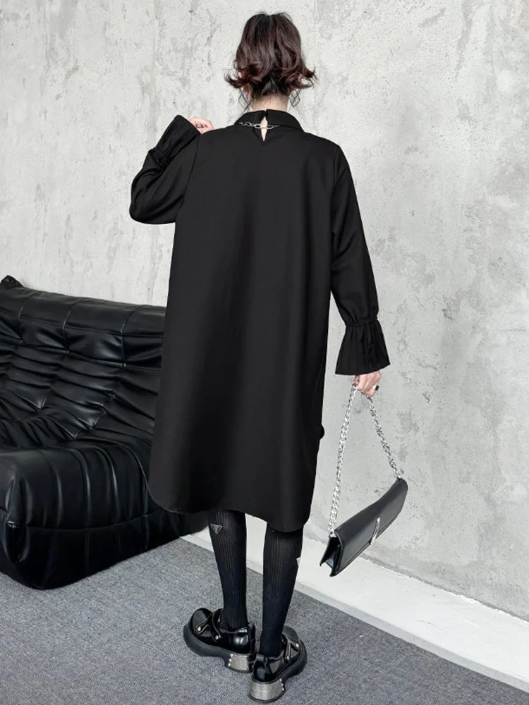 [EAM] Women Black Irregular Big Size Knee-Length Shirt Dress New Lapel Long Sleeve Fashion Tide Spring Autumn 2024 1DH6861