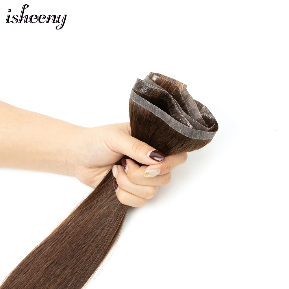 Straight Long PU Flat Hair Weft 12 16 20 inches Real Natural Dark Brown Human Hair Bundles No Taped Hair For Women
