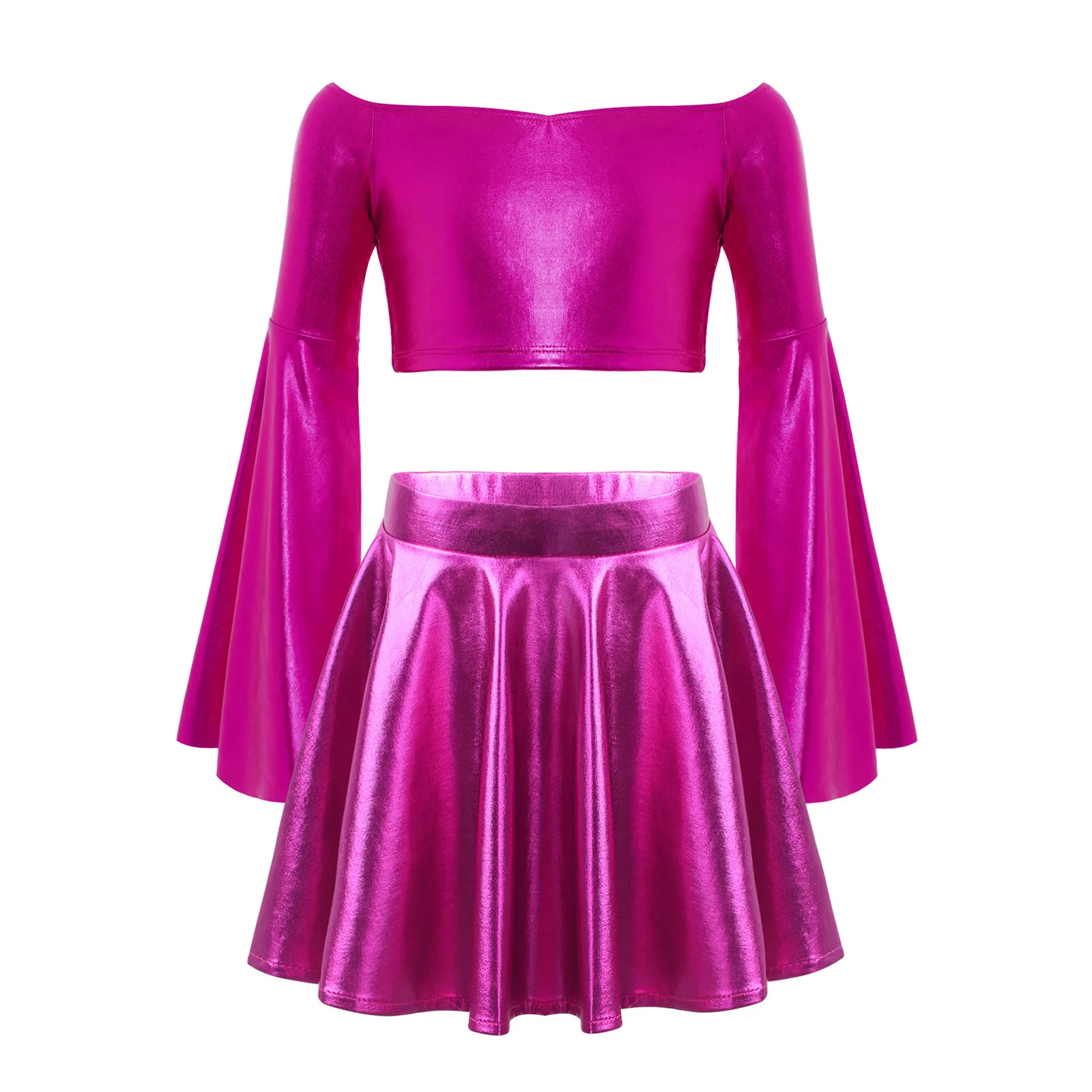 

Kids Girls Jazz Dance Outfit Long Flared Sleeve Off-Shoulder Sparkly Metallic Crop Top+Ruffled Skirt Set for Stage Performance