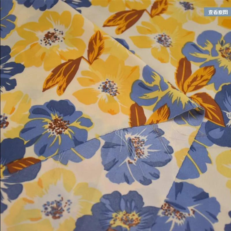 Chiffon fabric with large flower print, high quality, retro, yellow, blue, for spring and summer dress, cheongsam, t2005