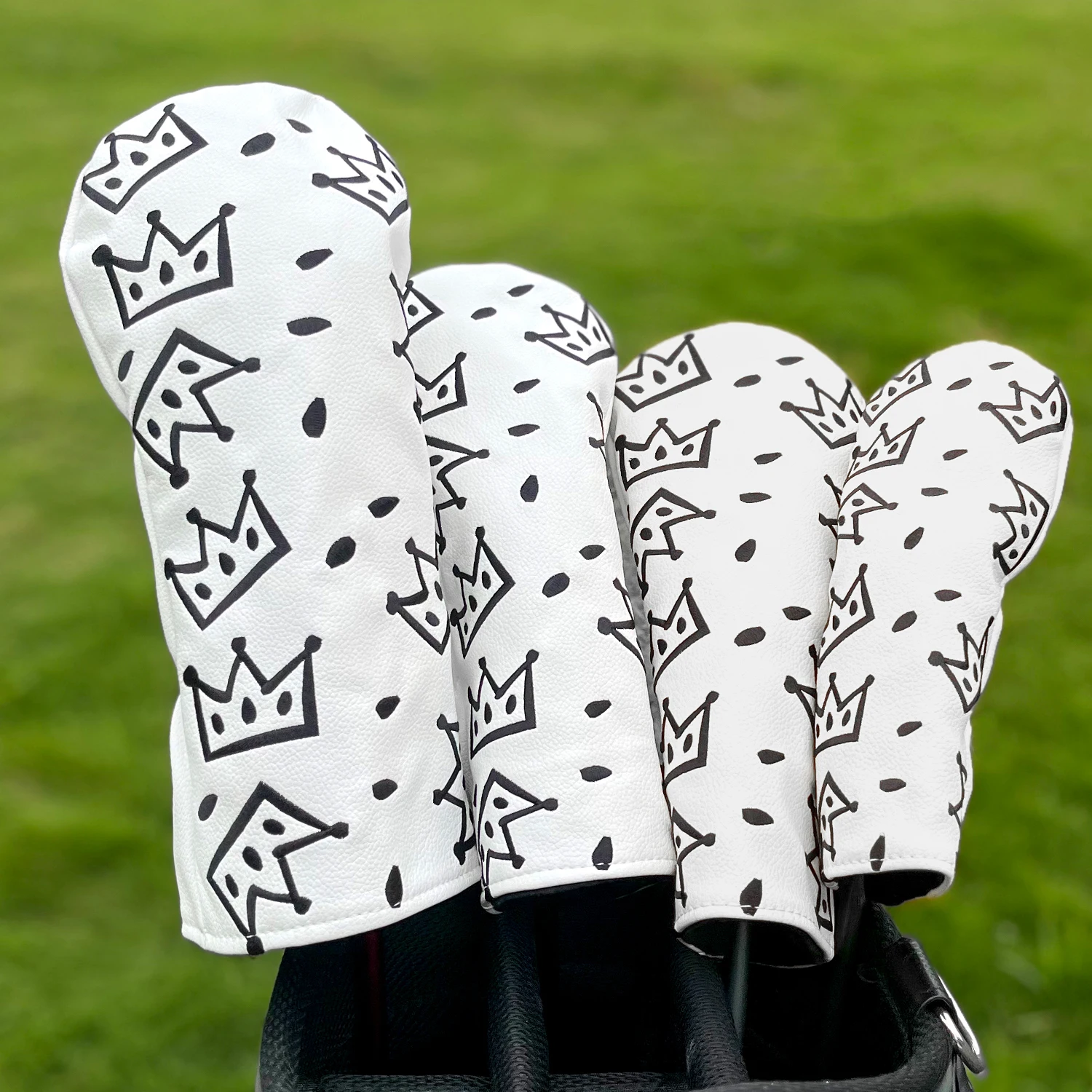 1PC/4PCS White Crown Golf Wood Headcover, PU Club Head Cover for Driver Fairway Hybrid with Number Tag, Ideal Golf Gift