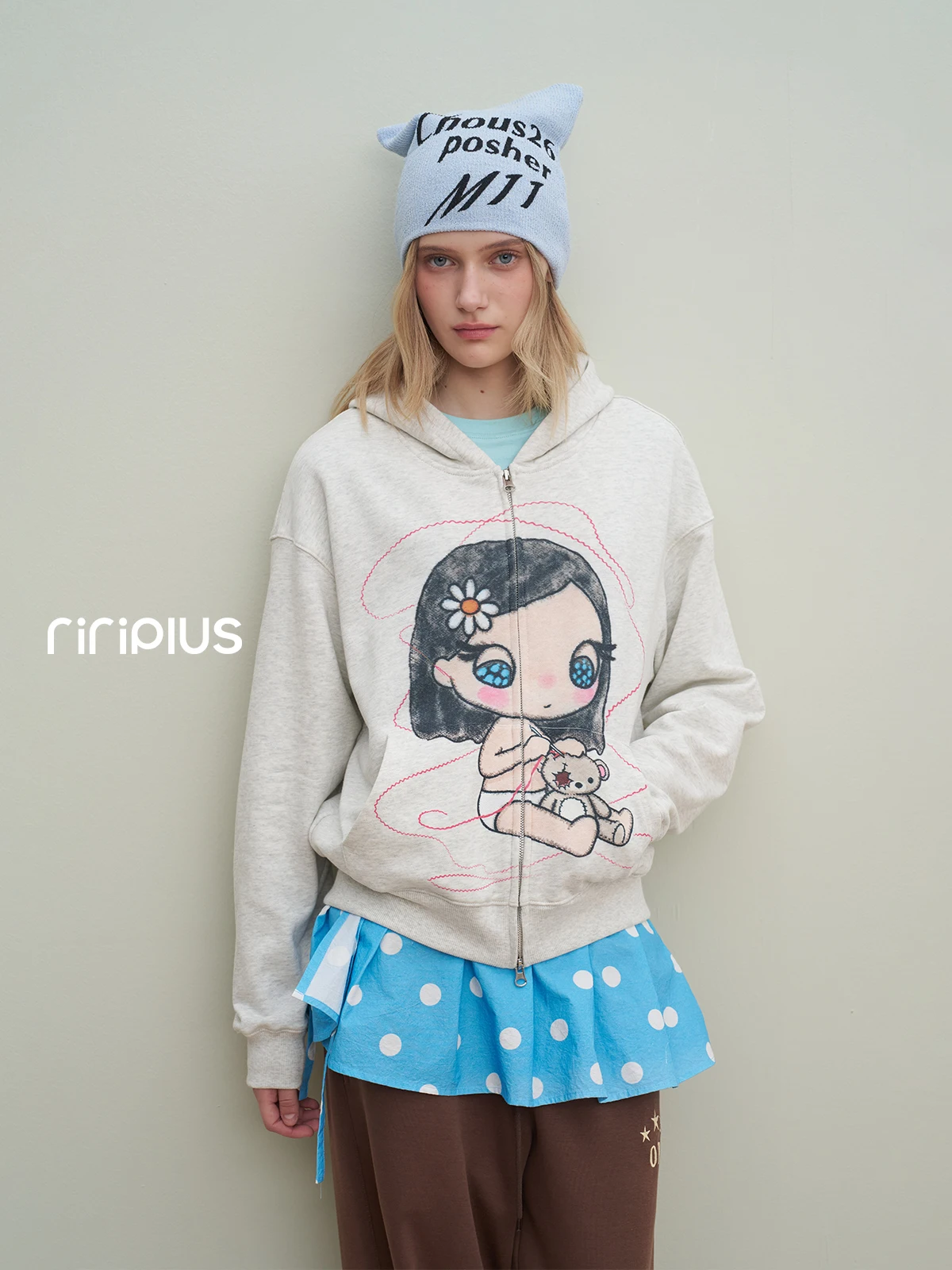 Riverstone plus Girls Loose Hoodie Sweatshirt Collaborative Work Cotton Polyester Blend Long Sleeve Autumn New Style