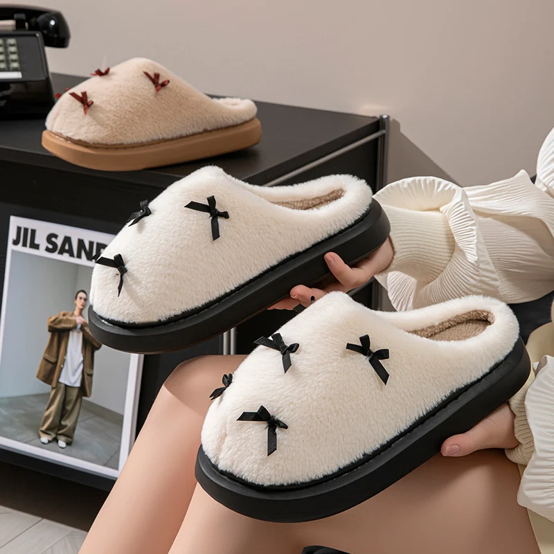 

Женские плюшевые тапочки на мягкой подошве с декором в виде банта, зимние нескользящие теплые пушистые домашние тапочки, женская легкая уютная хлопковая обувь