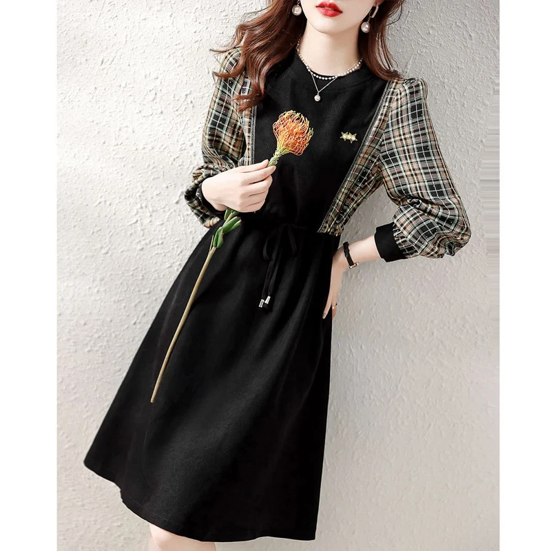 Spring Autumn New Contrast Color Plaid Fashion Long Sleeve Midi Dress Women High Street Casual Lacing Button All-match Vestidos