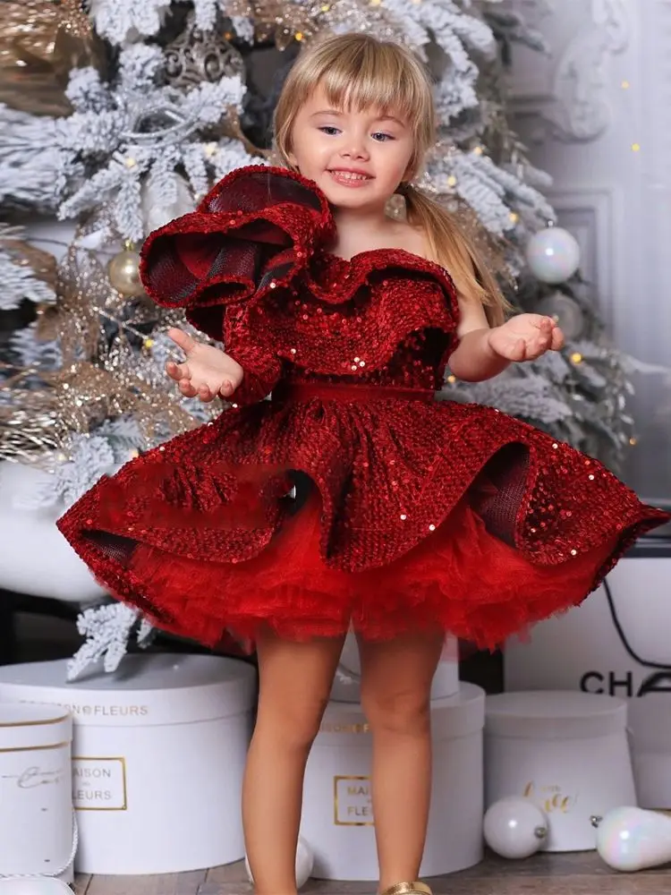 

A-Line Sequined Girls Pageant Gowns New Tutu Outfit Knee Length Flower Girl Dresses Full Sleeve Wedding Gown Kid Size 1-14Y