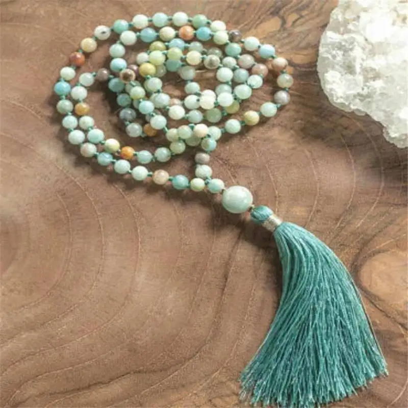 

Natural Amazonite (Blue Aventurine) 108 Beads Mala Necklace with Mixed Jasper Accent Teal Tassel Spiritual Jewelry