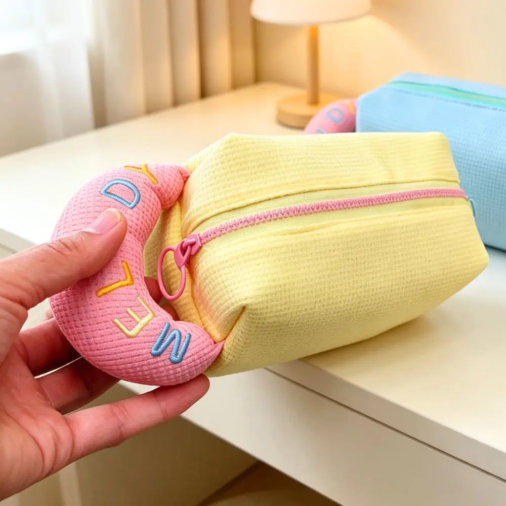 1pc Kawaii Pastel Waffle Pouch, Decorative Melody Embroidery Handle, Multi‑Purpose Zipper Storage Bag for Daily Travel YMY