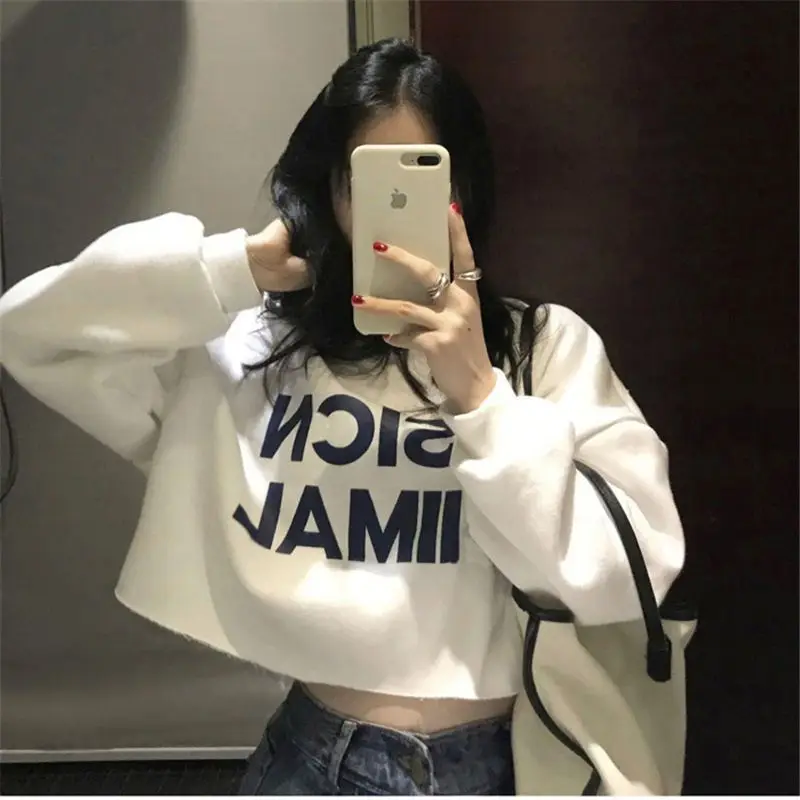 

Ladies Letter Print Short Hoodie Women's Autumn Thin Sweatshirt Student Loose High Waist Navel Exposed Pullover Top