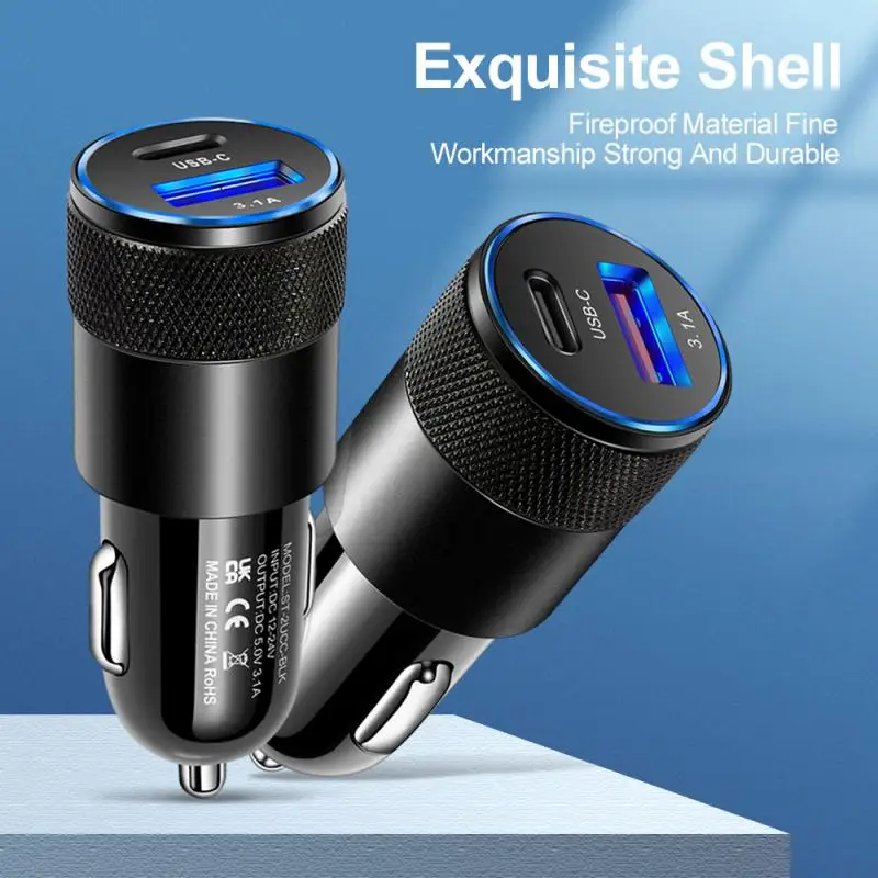 3.1A 15W Small Steel Cannon Car Charger Cigarette Lighter Dual USB Type C Fast Charging Car Mobile Phone Adapter Car Accessories