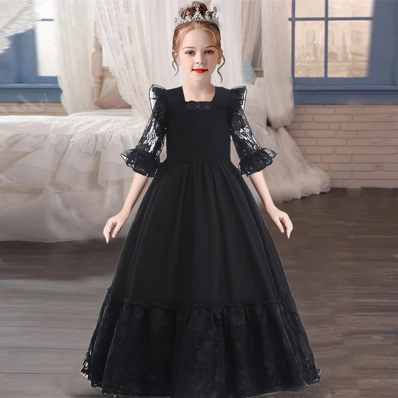 Girls Lace Splicing Maxi Dress Stage Costume Role Play Christmas Party Mid-Length Sleeve Party Dress Children's Clothing 2025