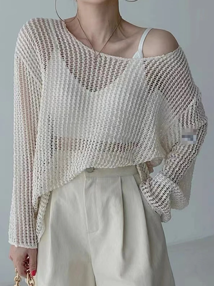 

Sun Protection Knitted irt Cover up Women's Thin Hollow out Design round Ne Loose Versatile Long Sve Top