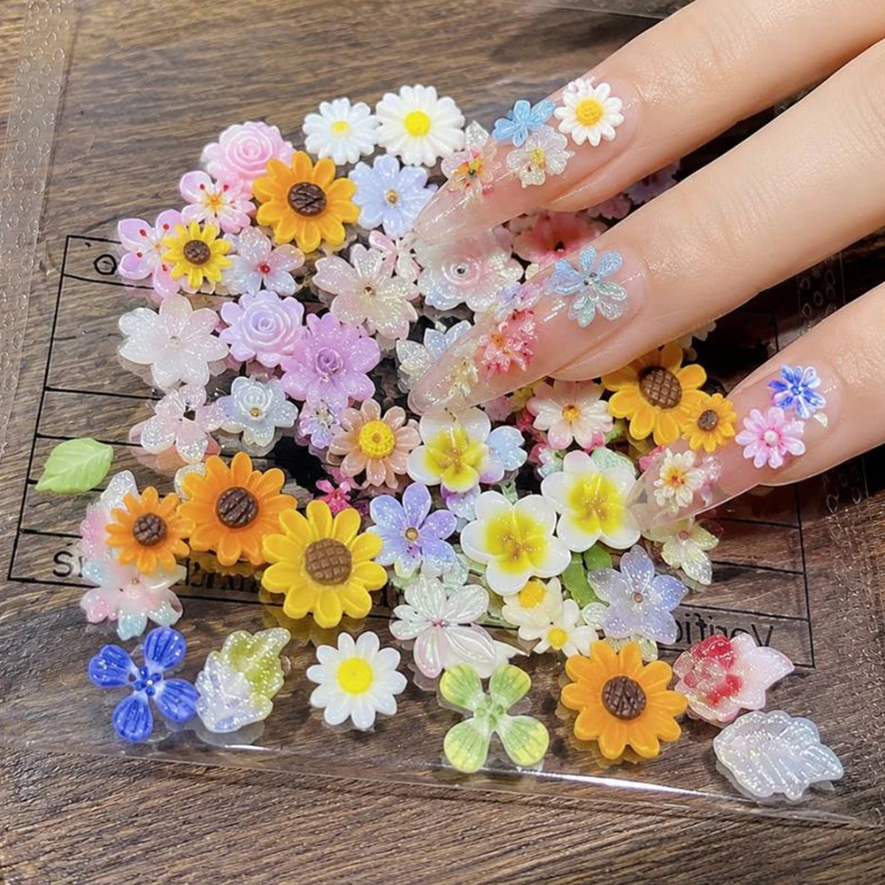 50Pcs Summer Tropical Resin Flower Nail Charms Multi-Shape Floral Nail Embellishments Beach Nail Design