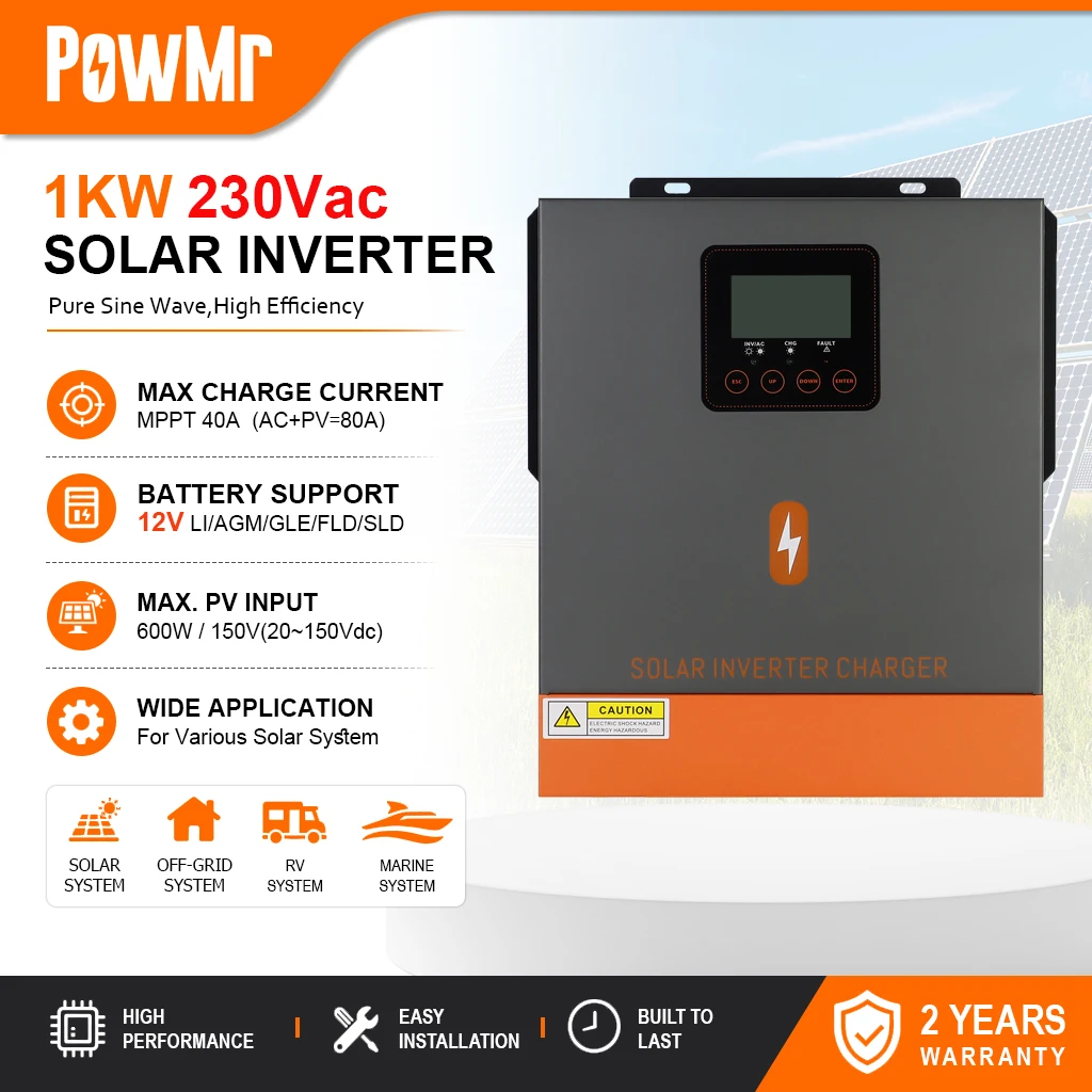 PowMr 1KW 230Vac Reiner Sinus-Solarwechselrichter mit MPPT 80A, unterstützt 12V Multi-Typ LiFePO4-Batterien & max. 6000W 150V PV-Eingang, netzunabhängiger Solarwechselrichter für Notstromversorgung zu