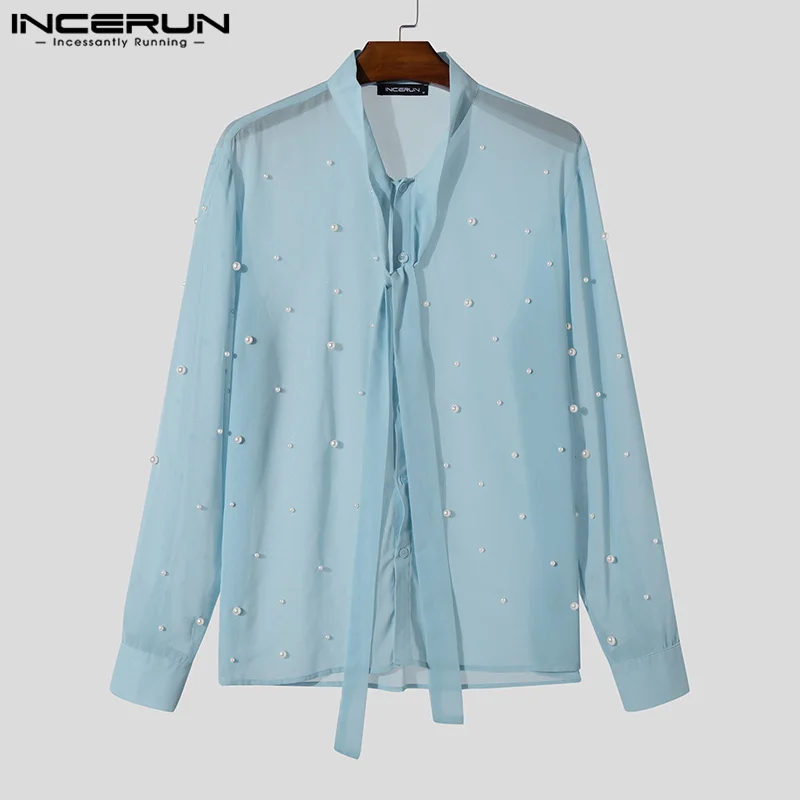 INCERUN Tops 2025 Korean Style Fashion Men\'s See-through Fabric Pearl Decoration Shirts Casual Clubwear Thin Long Sleeved Blouse