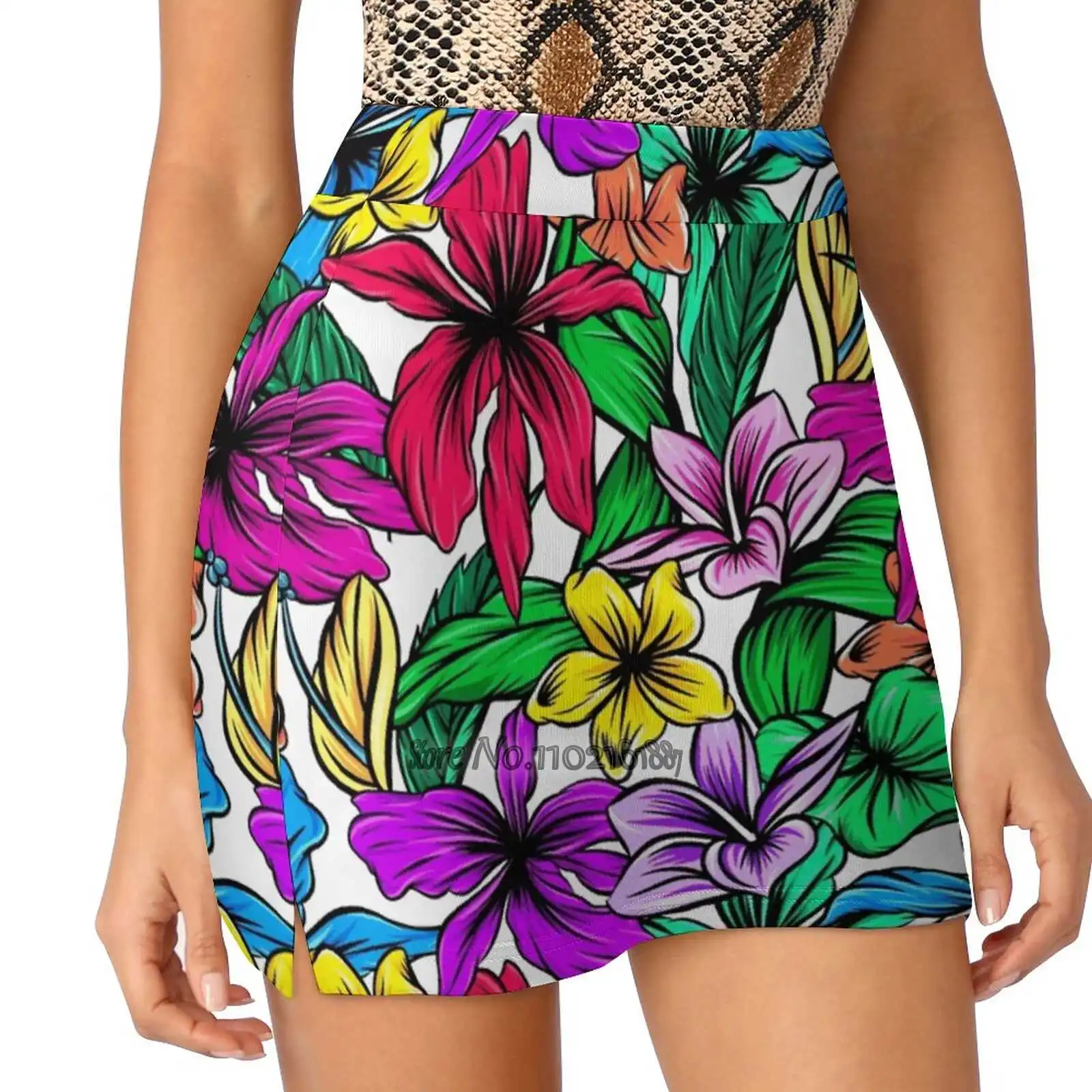 Vibrant Tropical Hibiscus Floral Pattern Tennis Golf Skirt Sexy A-Line Harajuku Shorts Skirt With Phone Pockets Skort Bright