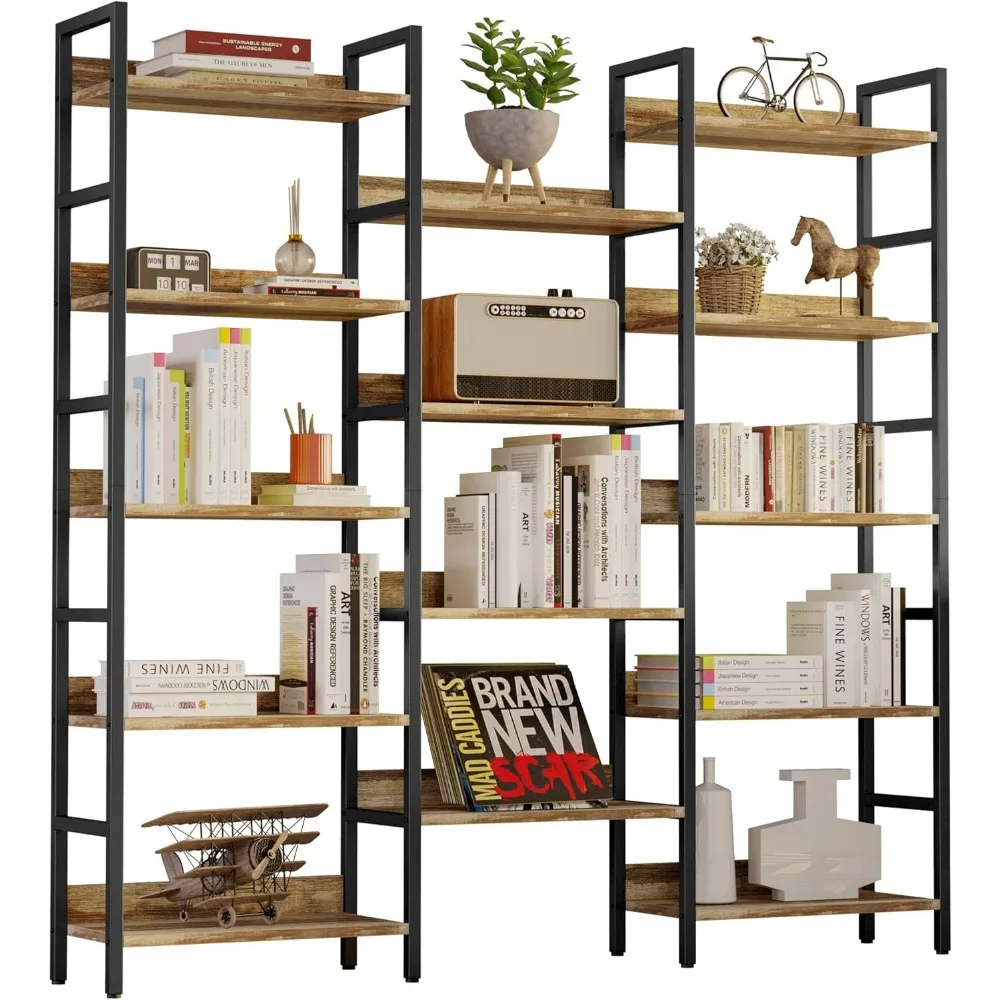 

Bookcases and Bookshelves Triple Wide 5 Tiers Industrial Bookshelf with Baffles Large Etagere Bookshelf with Metal Frame for Li