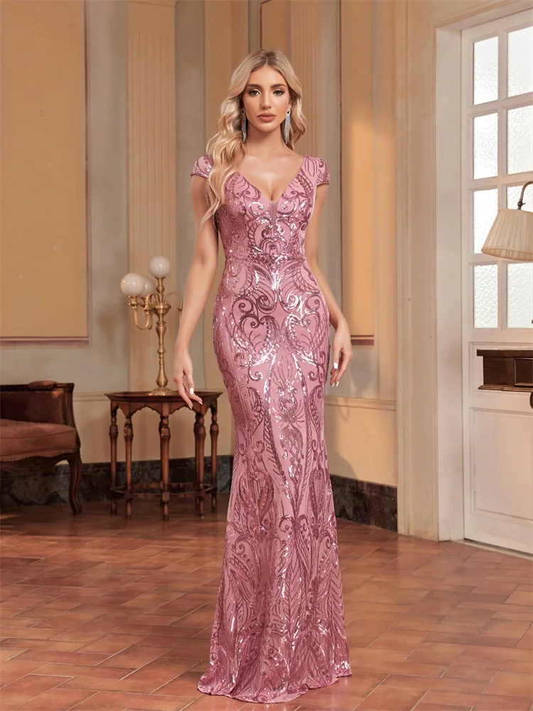 Lucyinlove Elegant Sexy Deep V Neck Pink Sequin Evening Dress Women 2025 Party Maxi Mermaid Dress Long Luxury Prom Gown Dresses