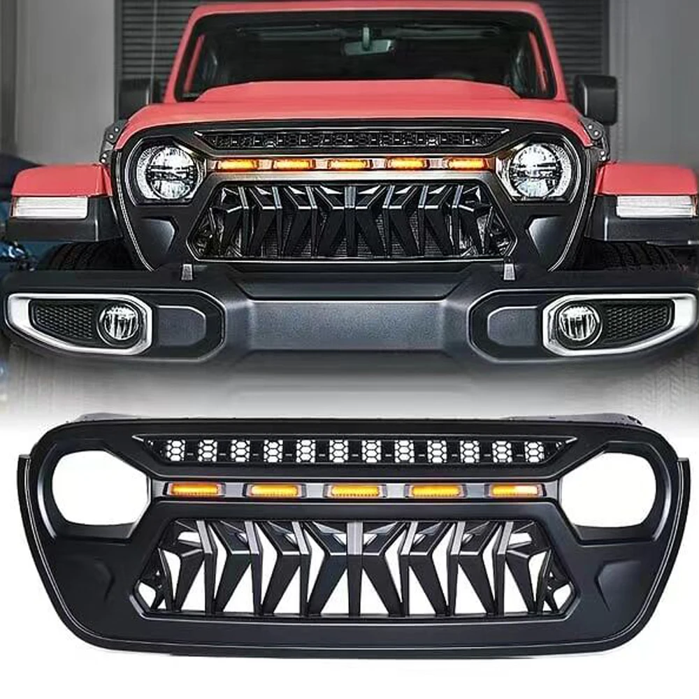 

SXMA JL1264 Grill Front Grille With Led Light Mesh Grill ABS Plastic Glossy Black Grill For Jeep Wrangler JL 2018+