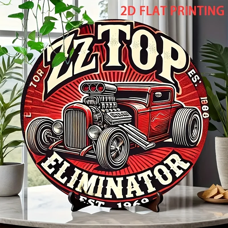 2D Flat, 1 Stück ZZ Top Eliminator Hot Rod Car Blechschild – Vintage Heavy Metal Dekor – Retro Rot & Schwarz Retro Garage Kunst – Vorbohrer