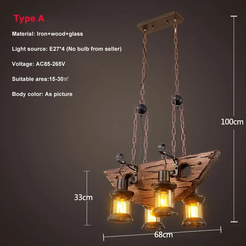 American Retro Industrial Style Chandelier Glass Solid Wood Iron Restaurant Bar Coffee Shop Boat Wood Decoration Pendent Lamp