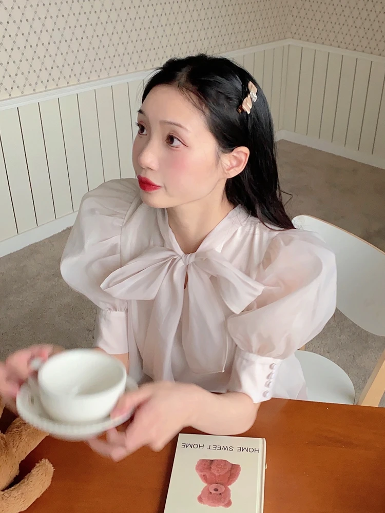 Honeyrubao Japońska Bluzka z Długim Rękawem, Wiązana na Krawędzi, Damska, Biznesowa, Casualowa, z Dekoltem w Serek, Jednolita Kolorystycznie