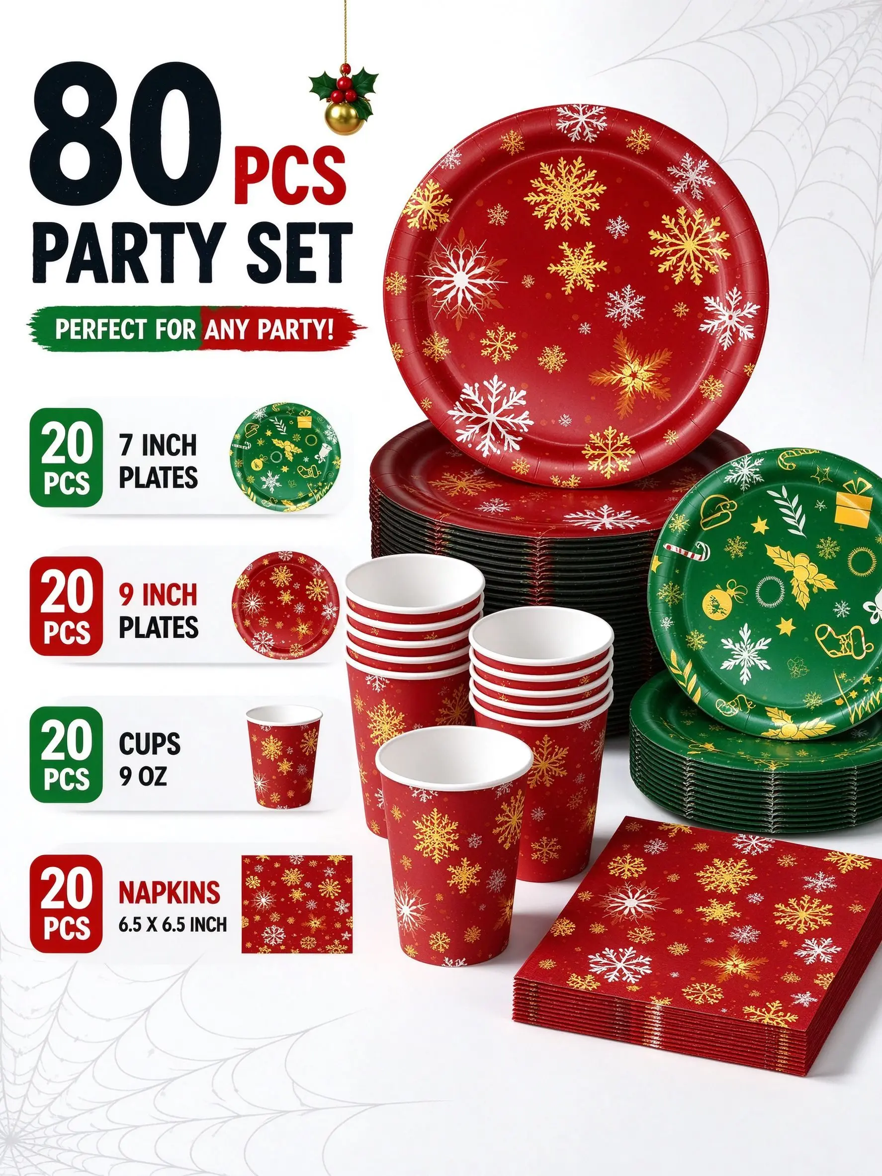 10/40/50/60/80Pcs Christmas Tableware Set, Snowflake Plates Cups Napkins, Xmas Holiday Party Decorations Supplies