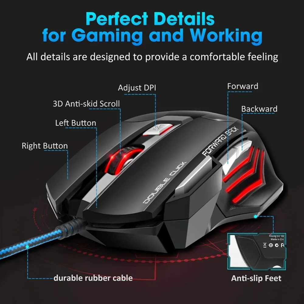 Ergonomic Gaming Mouse Wired USB 5500 DPI LED Backlight 7 Buttons for PC and Laptop Gamer Accessories