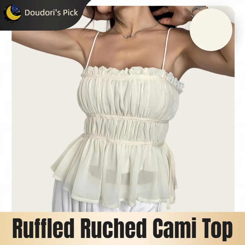 French-Style Y2K Girly Ivory White Ruffled Chiffon Camisole Top Without Chest Pads with Inner Lining and Pleated Ruffle Hem