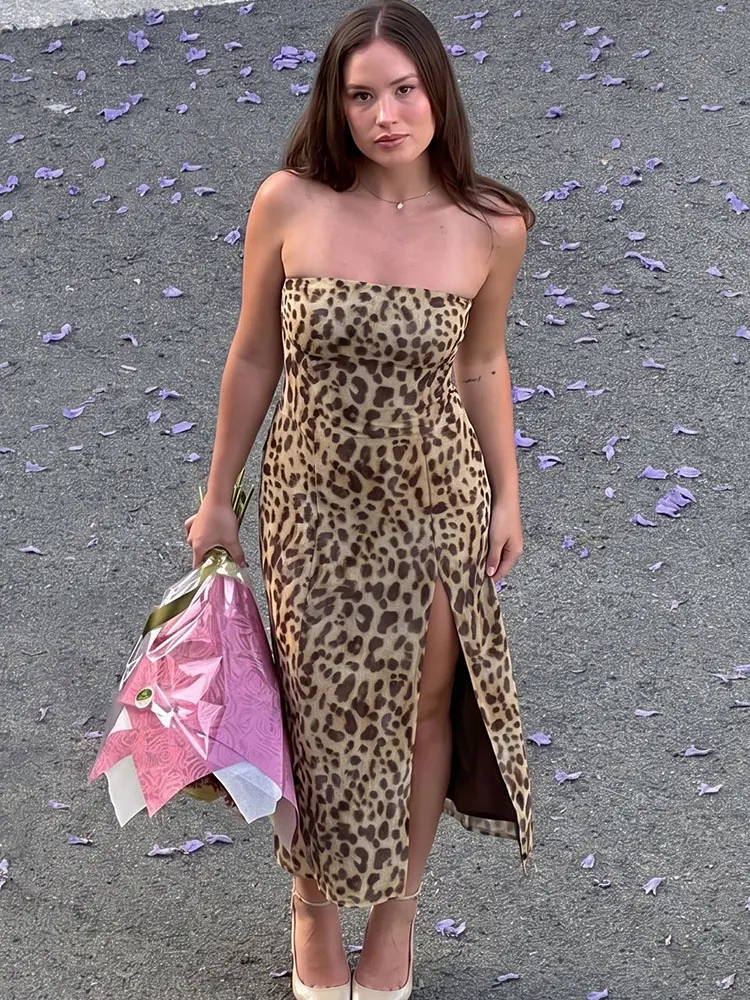 HH Damen Mode Trägerloses Midikleid Rückenfreies Sommer Blumenprint-Kleid Elegantes Party Sexy Schlankes Leoparden-Strandkleid für den Urlaub