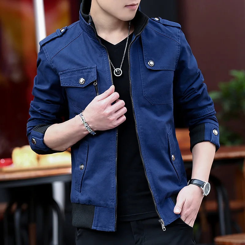 New Men's Trendy Collar-Stand Denim Workwear Cotton Jacket for Spring & Autumn