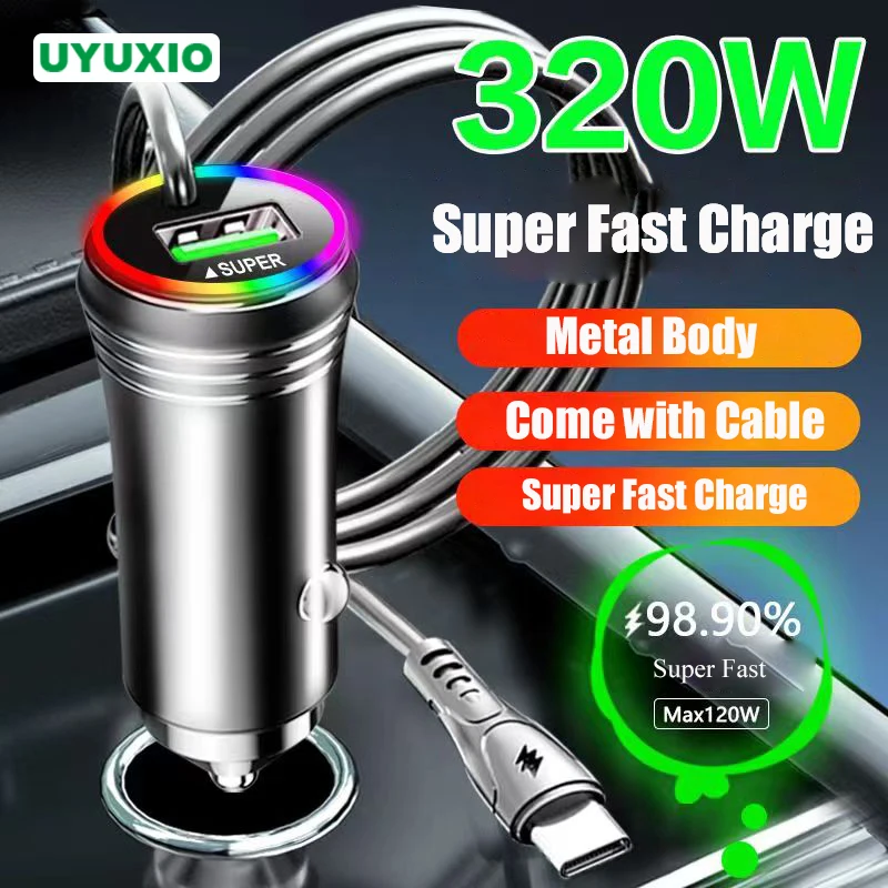 2 in 1 USB Car Phone Charger with Type C Cable PD Super Fast Charging Adapter for iPhone 15 14 iPad Samsung OPPO Oneplus Huawei