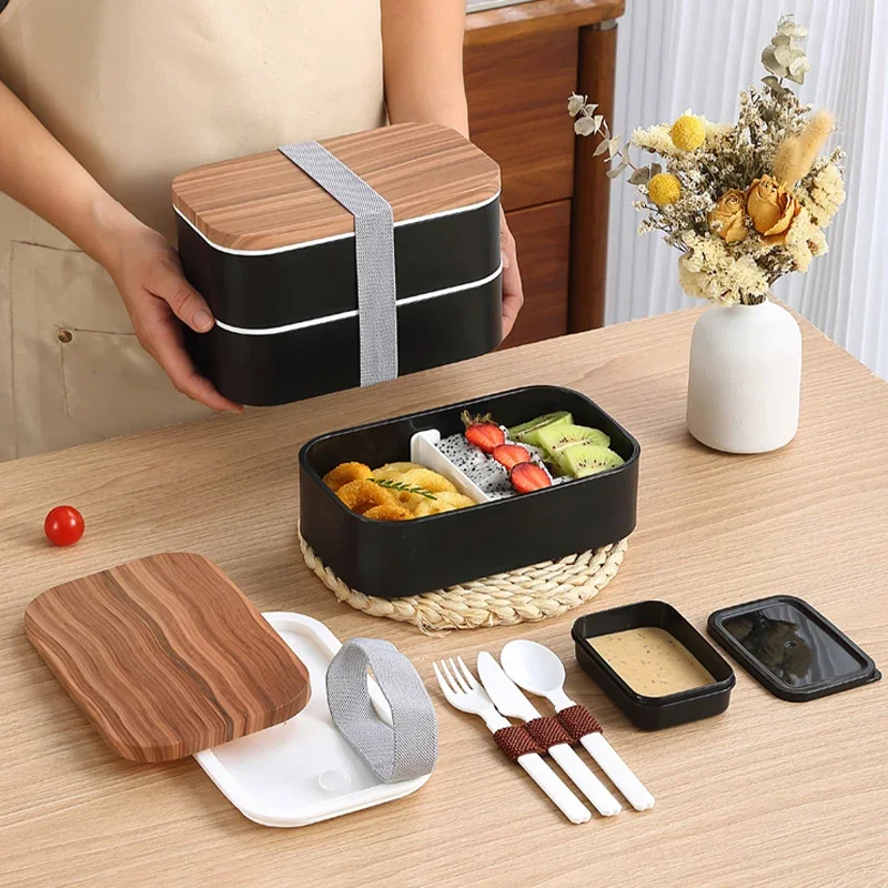 800/1600ml Plastic Japanese Bento Box with Wood Grain Lid Large Capacity Portable Microwavable Lunch Box for Adult Student