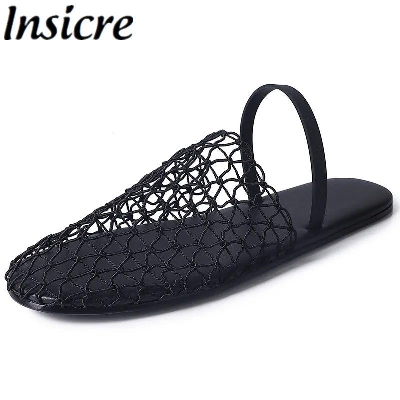 

Insicre 2024 Fashion Women's Sandals Mesh Round Toe Flat Heels Summer Shoes Low Heels Mature Black Round Toe Handmade