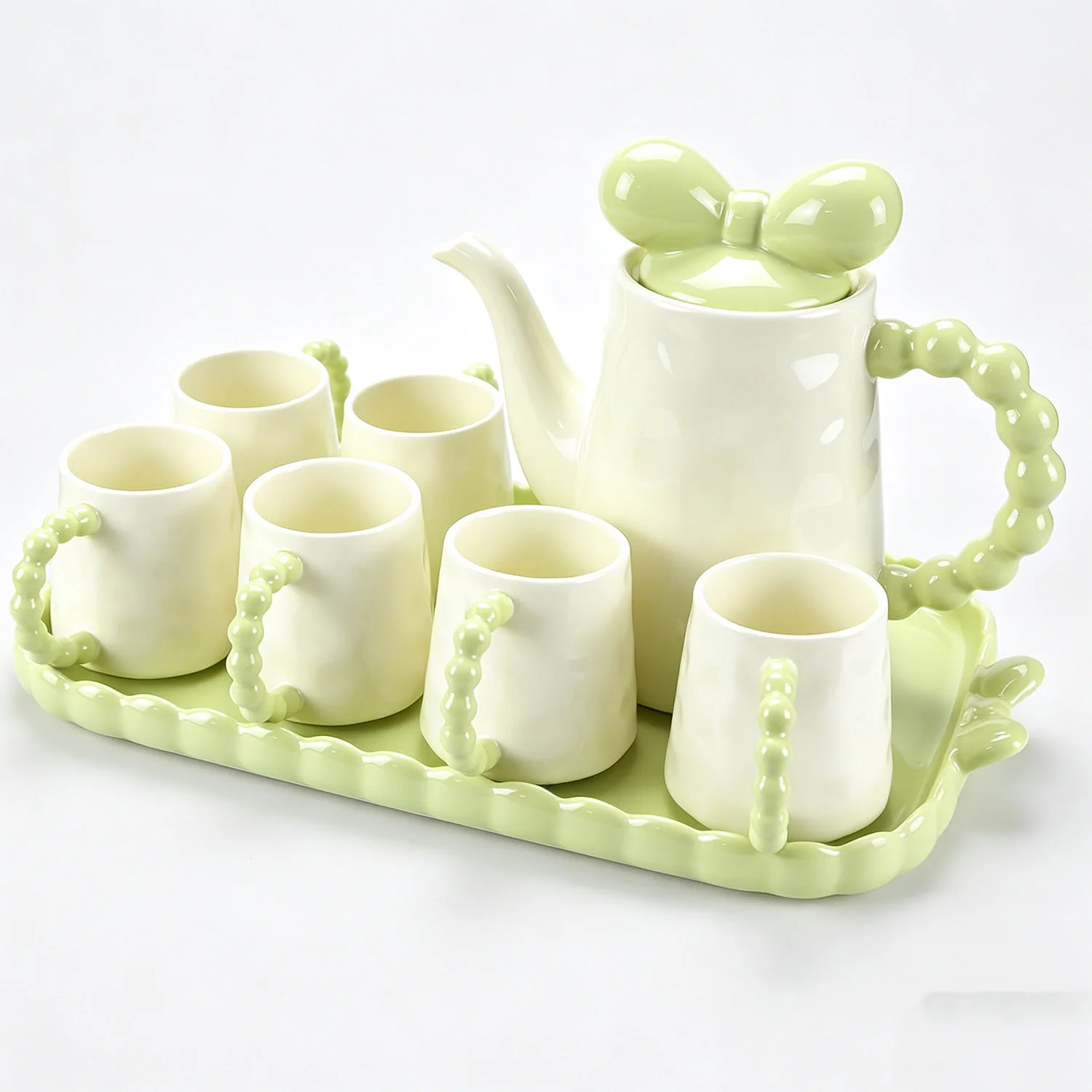 8Pcs Cute Bow Beaded Handle Ceramic Tea Set, Pastel Light Green & Cream White Teapot with 6 Cups and Scalloped Tray, Afternoon Tea Coffee Water Cup Set, Gift for Girls, Birthday, Wedding, Housewarming