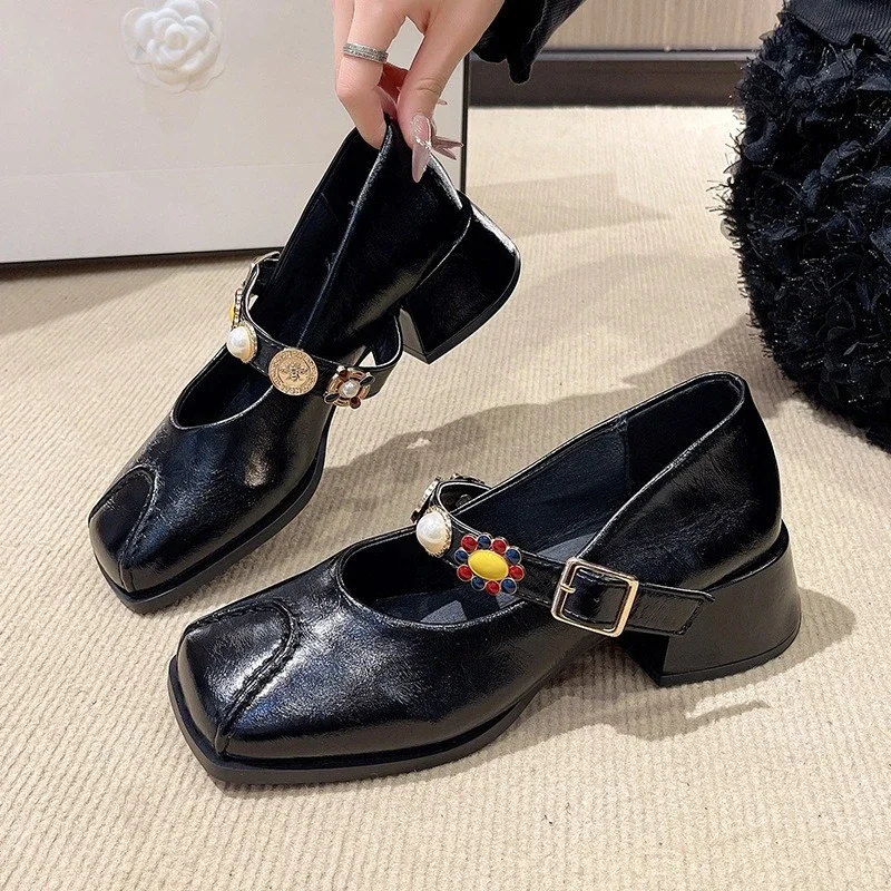 Zapatos para mujer tacón de bloque punta cuadrada Mary Jane tacones gruesos mocasines estilo japonés Lolita mujer bombas tendencia gótica joven