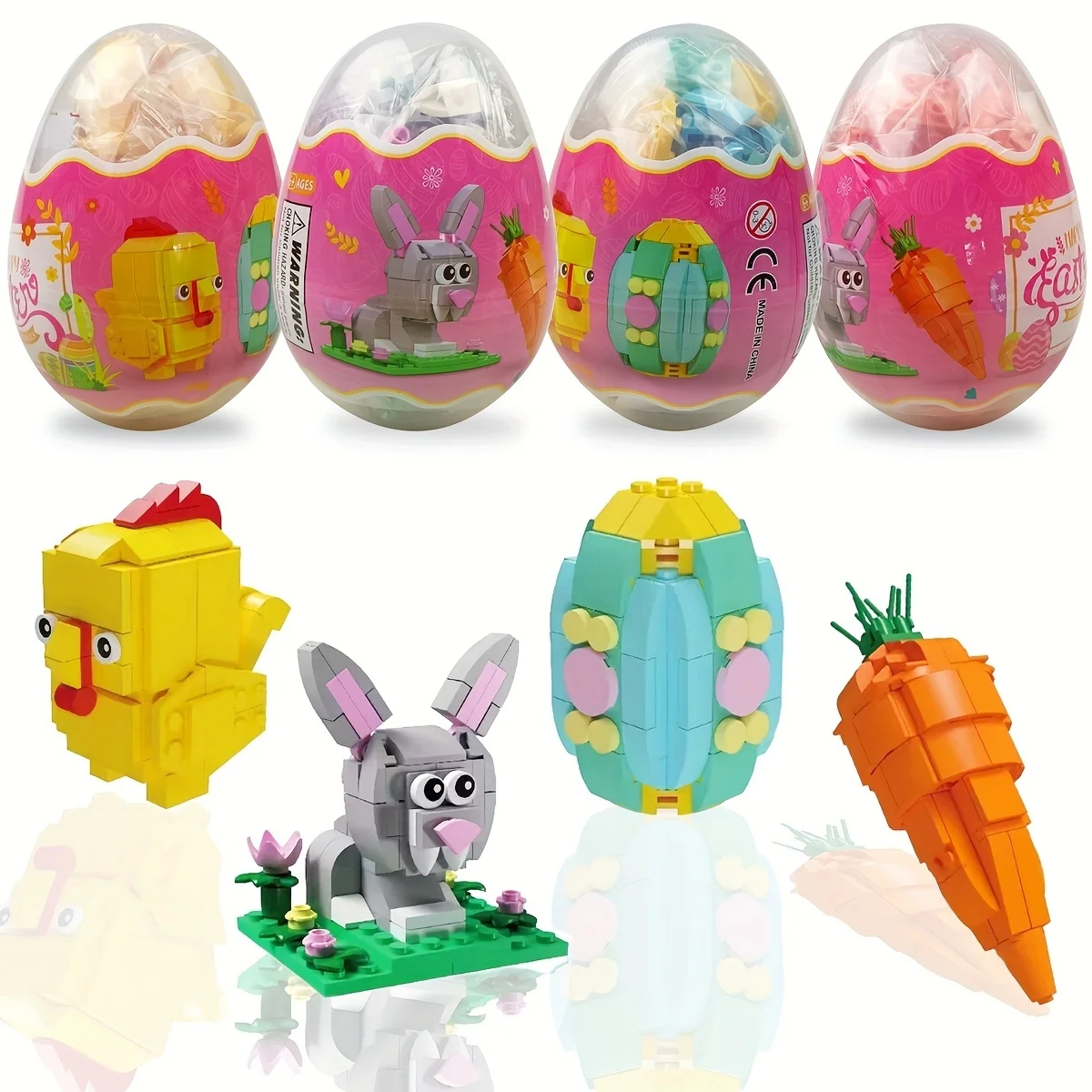 

4 Giant Eggs, Including Block Toy Train Set, Mixed Colors, Plastic Material, Non Electric, Suitable For Boys Girls, Easter