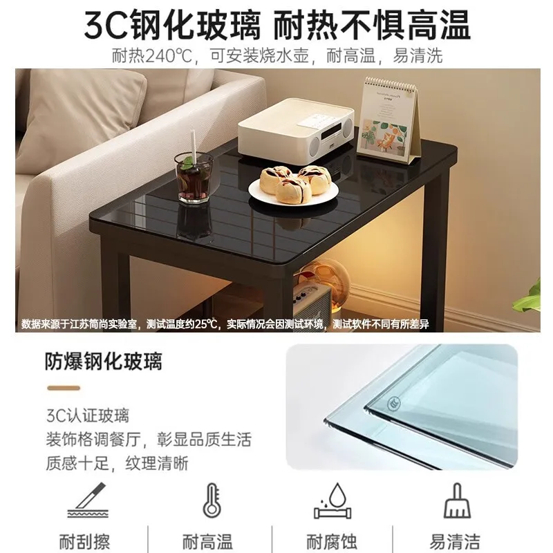 Movable sofa side side cabinet coffee table small table living room household tempered glass with wheel rack