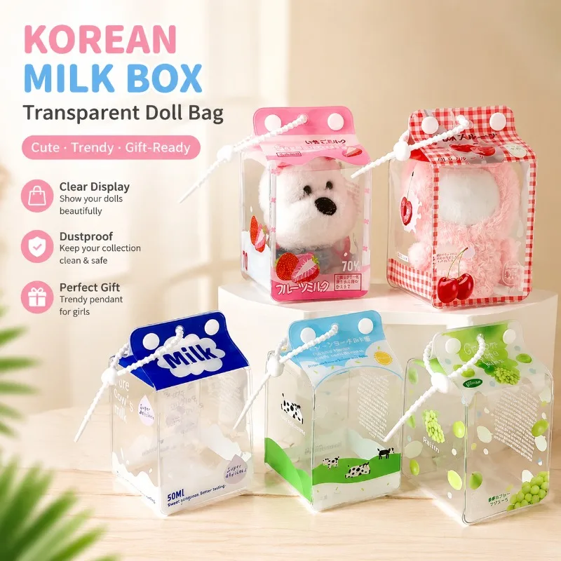 Korean Milk Box Transparent Doll Bag, Cute Cartoon Figure Display Storage Bag for Girls, Trendy Pendant Decoration Gift