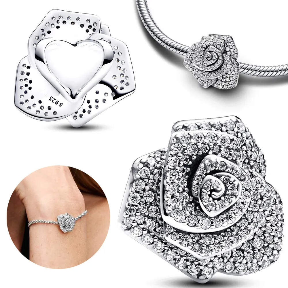 925 Sterling Silver White Rose in Bloom Double Dangle Charm Fit Charms Silver 925 Original Bracelet for Jewelry Making image 5