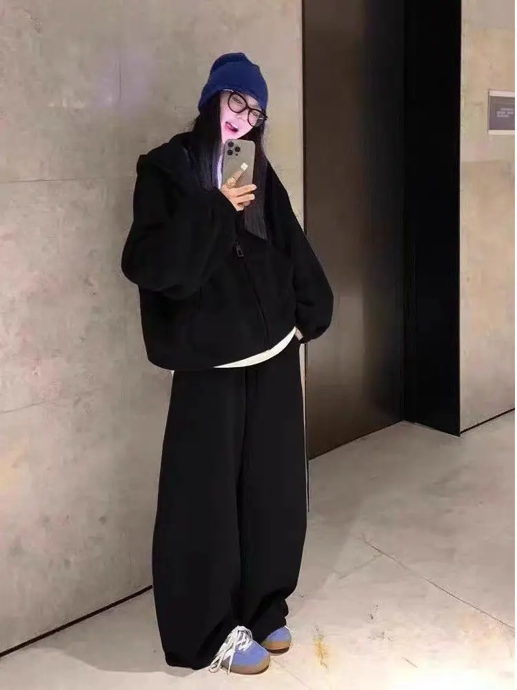 

plus Size 300 Pou Korean Lazy Sle Casual Sports Women's Autumn Winter Thiened Fce Sweatirt Wide Leg Pants Two Pie...