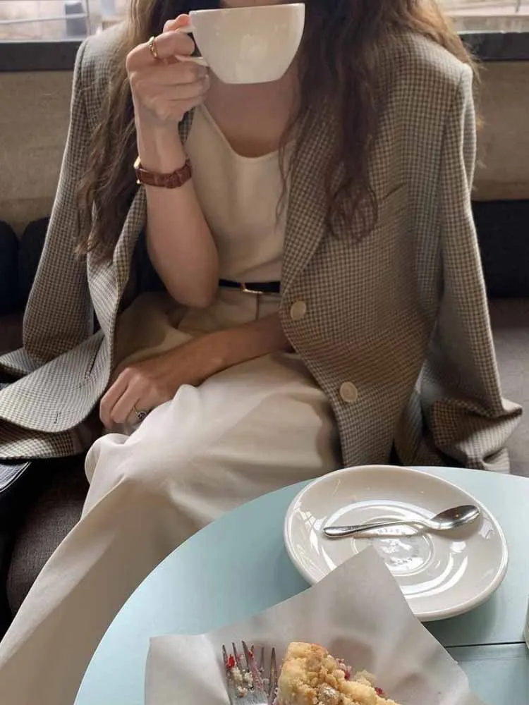 Lerobe Women's Woolen Suit Casual Long Sleeve Plaid Coat Spring 2026 Korean Style Versatile Leisure Quality Lapel Jacket