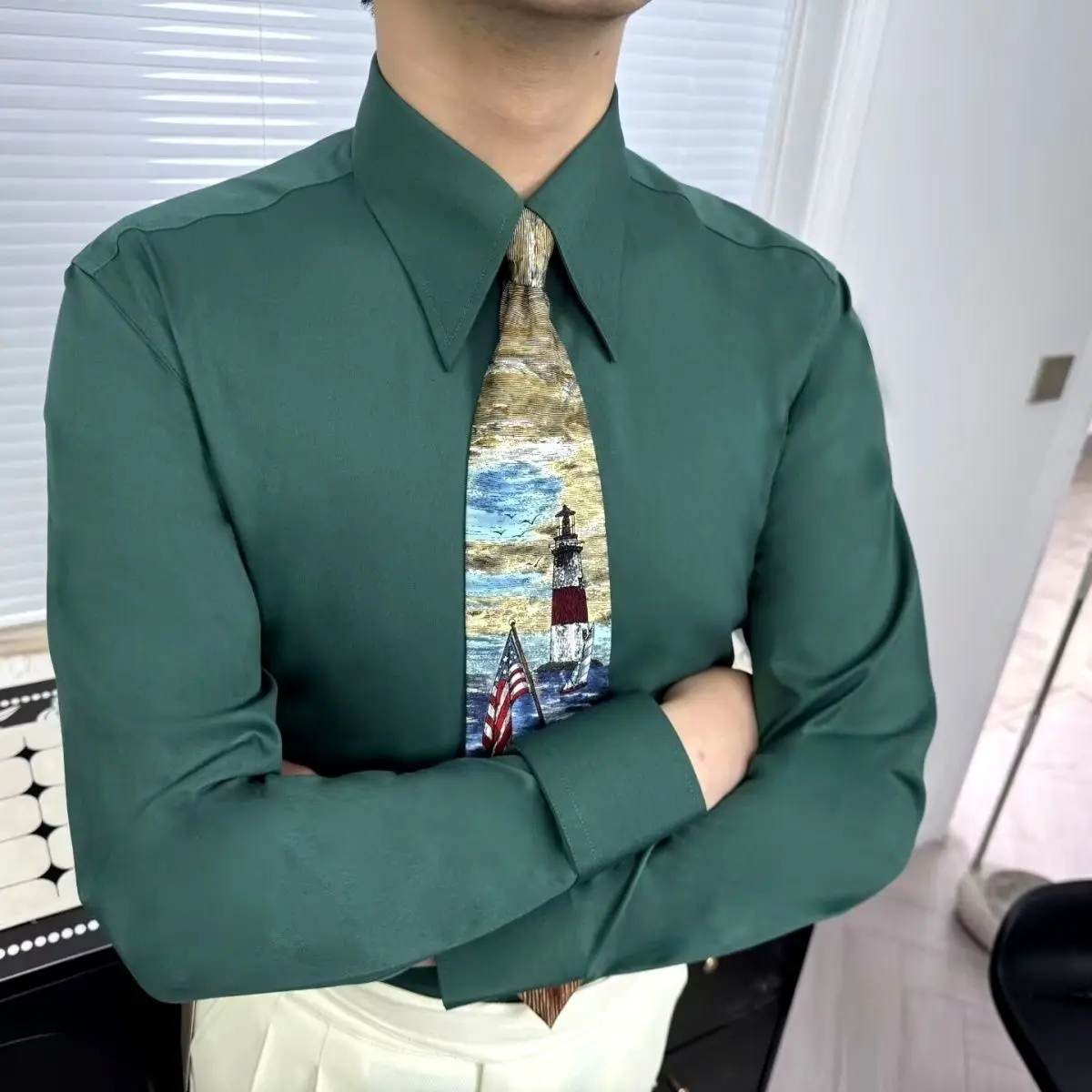 

Summer Anti-Wrinkle Italian Sle Long Point Collar k Button Men's Slim Fit Long Sve irt Night Club Host Pure Color