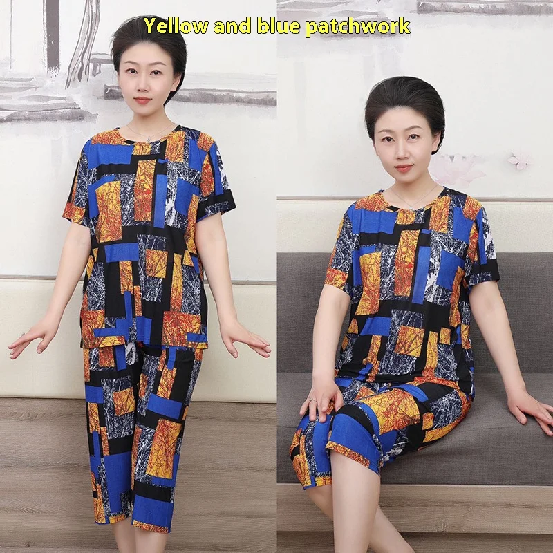 Summer Mom\'s Pajamas Homewear Summer Ice Silk Women\'s Elderly Clothes Grandmother Casual Fashion Suit Elderly Ladies Short-Sleev