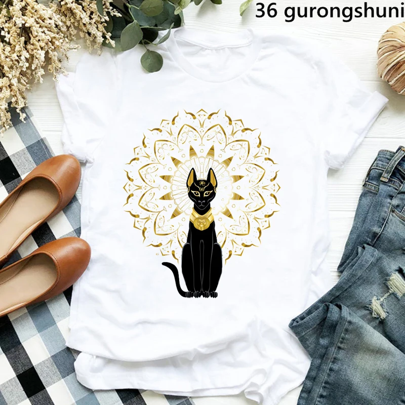 

Funny Egyptian Cat Mandala Vintage Cat Goddess Bastet T-Shirt Graphic Print Women Female Clothing Short Sleeve T-Shirts Tees Top