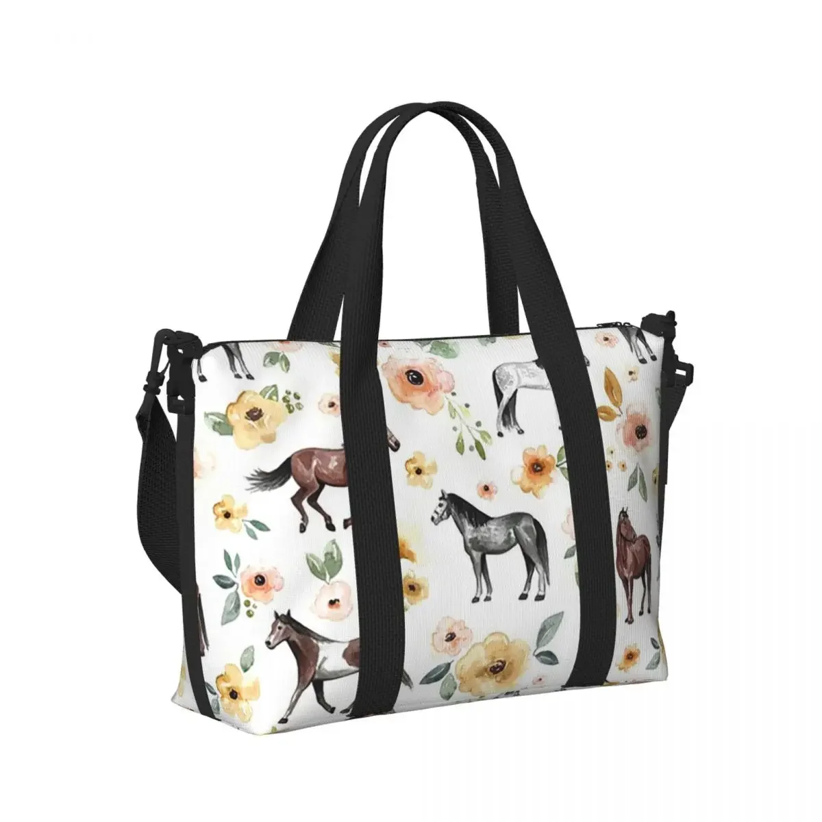 

Horses Floral Horse Breeds Farm Animal Pets Beach Travel Bag Large Capacity Tote Bag for Yoga Women Shopping Duffle Shoulder Bag